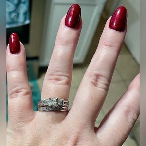 14k White Gold 3 Stone Princess Cut Diamond Engagement Ring with Wedding Band